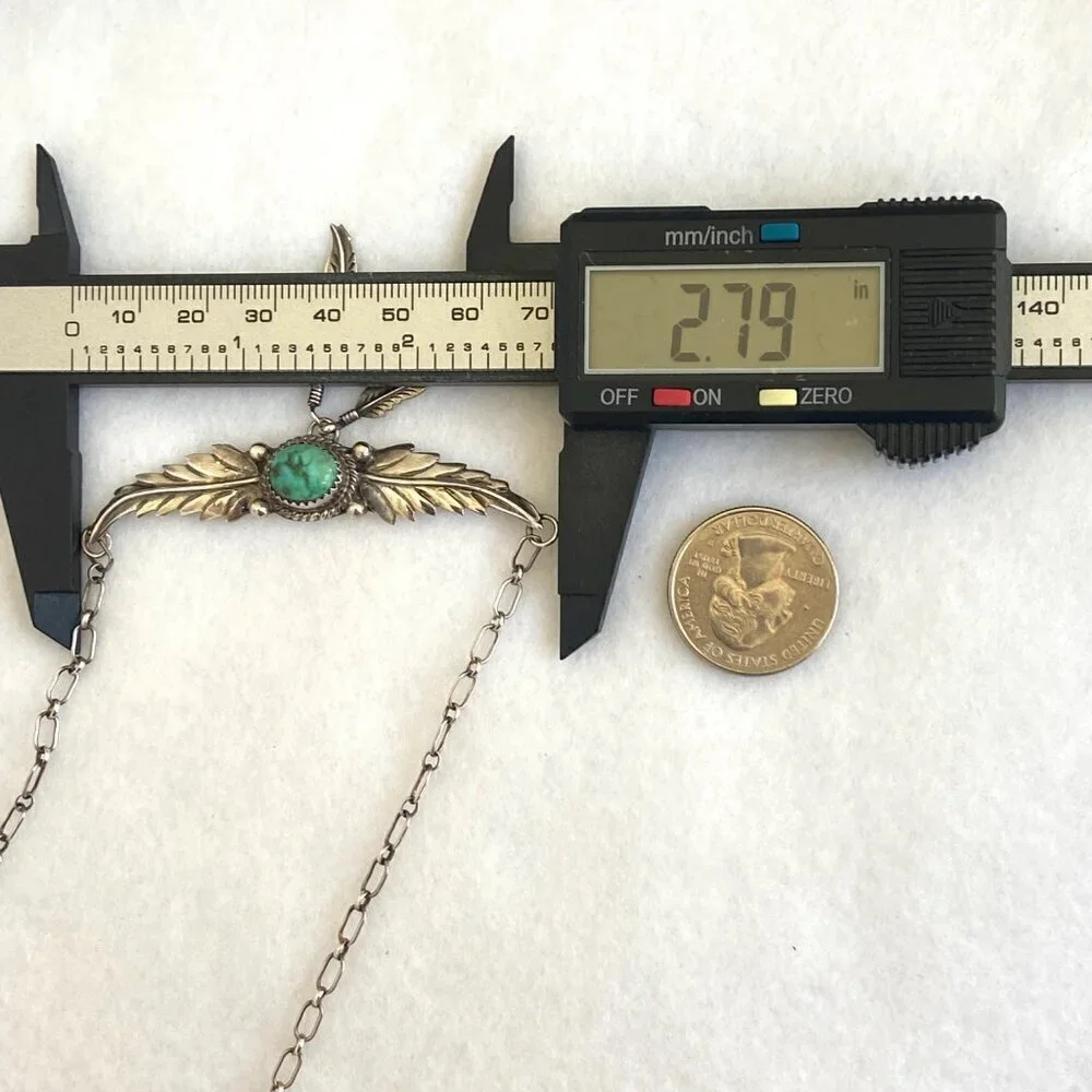 VTG Sterling Silver 925 H. Spencer Navajo Turquoise Leaf Feather Necklace 20.5
